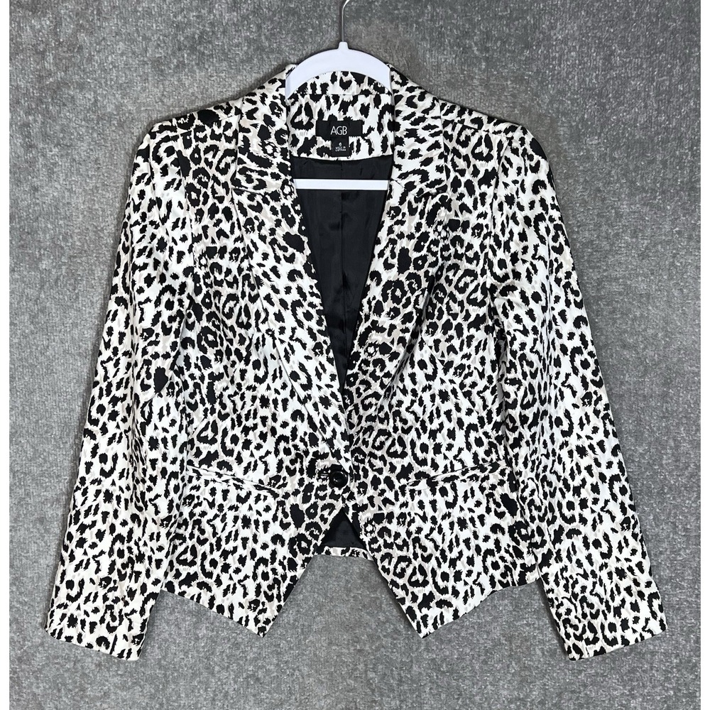Vintage AGB One Button Blazer Womens Sz 6 Black White Animal Print Lined Peplum